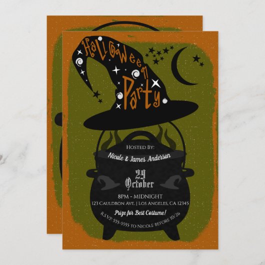 ヴィンテージウィッチカルドロングリーンハローウィンパーティレトロ 招待状 (正面/裏面)