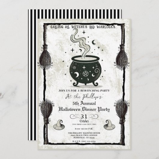 ヴィンテージウィッチカルドロンハロウィーンディナーパーティー 招待状 (正面/裏面)