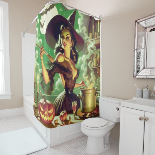 ヴィンテージウィッチハロウィーンピンアップ シャワーカーテン (インサイチュ)