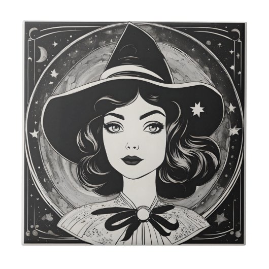 ヴィンテージウィッチポートレート白黒レトロ タイル (正面)