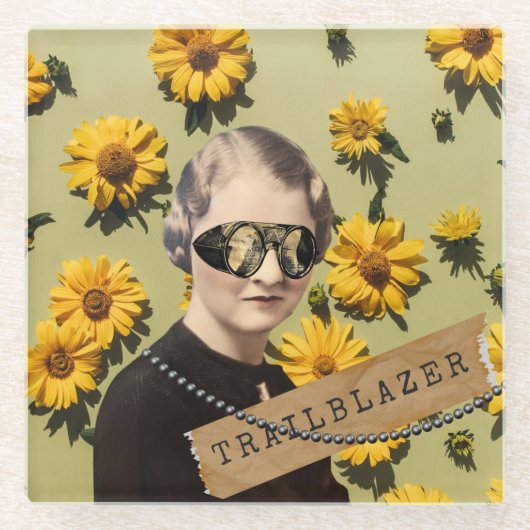 ヴィンテージウィメントレーラブレザーデイジーキッチュ ガラスコースター (正面)