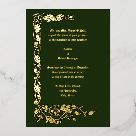 ヴィンテージウィリアムシンプルモリスフローラつる植物 箔招待状 (正面)