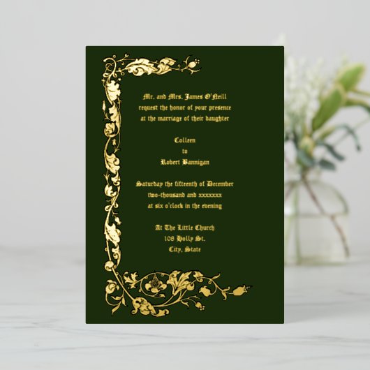 ヴィンテージウィリアムシンプルモリスフローラつる植物 箔招待状 (立ち正面)
