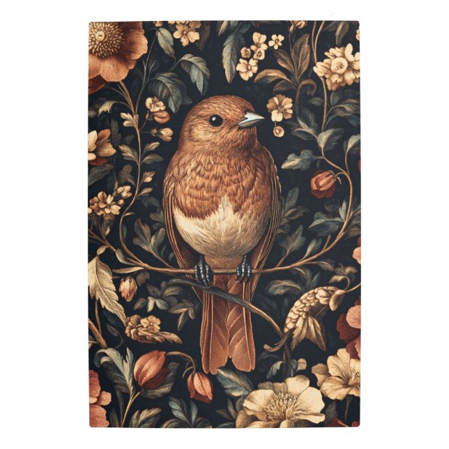 ヴィンテージウィリアムモリススタイルバードつる植物 メタルプリント (正面)