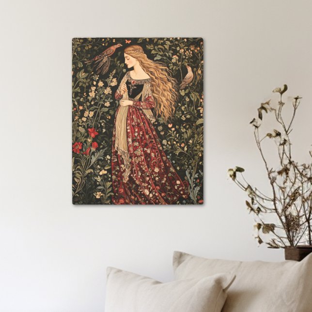 ヴィンテージウィリアムモリススタイル中世ガール メタルプリント (Vintage William Morris Style Medieval Girl Metal Print)