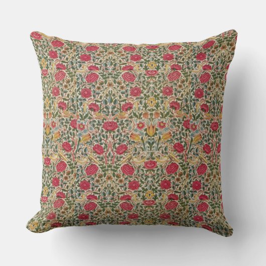 ヴィンテージウィリアムモリスバラピンクイエローバードフロー クッション (正面)