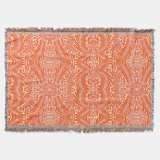 ヴィンテージウィリアムモリスフローラルパターンホワイトオレンジ スローブランケット (正面)