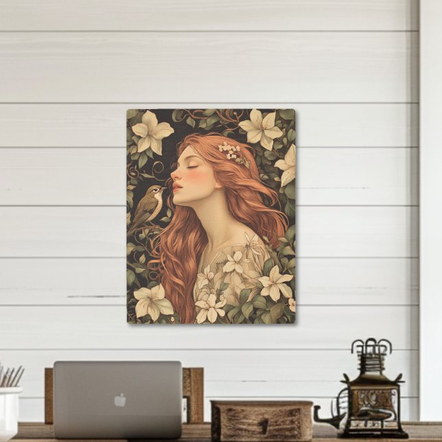 ヴィンテージウィリアム・モリススタイル中世ガール&バード メタルプリント (Vintage William Morris Style Medieval Girl & Bird Metal Print)