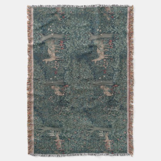 ヴィンテージウィリアム・モリス緑の森の動物 スローブランケット (正面縦)