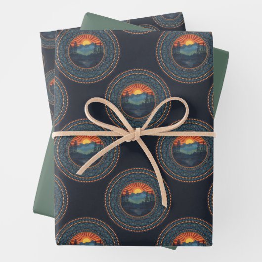 ヴィンテージウィルダネスサンセット水玉模様マンダラ ラッピングペーパーシート (インサイチュ)