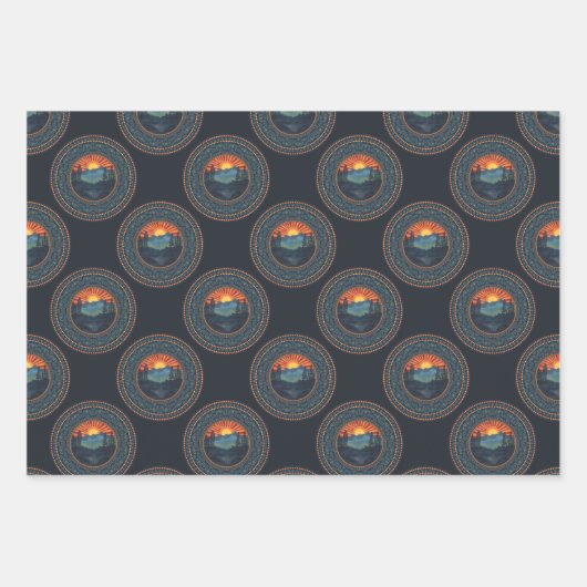 ヴィンテージウィルダネスサンセット水玉模様マンダラ ラッピングペーパーシート (正面)