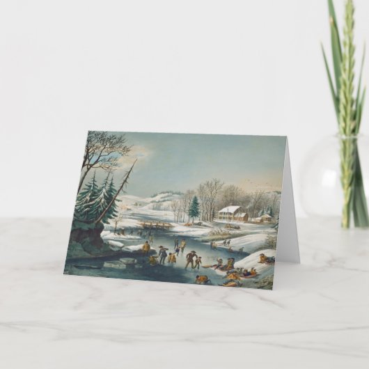 ヴィンテージウィンターアイススケートで滑るホリデークリスマスカード シーズンカード (正面)