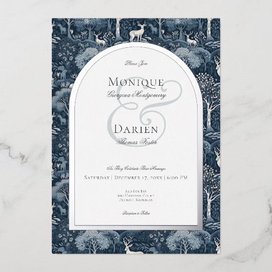 ヴィンテージウィンターウイリアムモリスエレガントな結婚式 箔招待状 (正面)