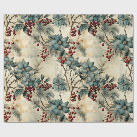 ヴィンテージウィンターエレガンスレッドベリー&グレーフローラ ラッピングペーパー (フラット)