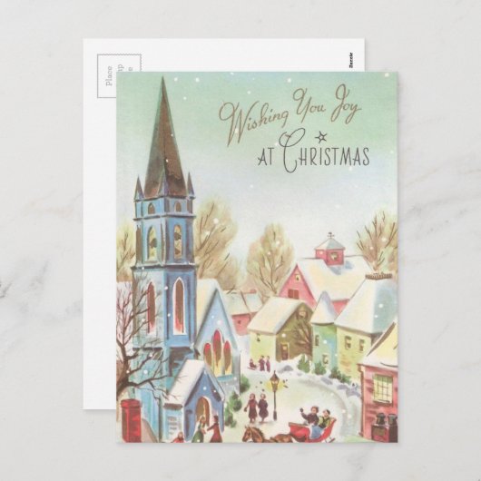 ヴィンテージウィンタークリスマスビレッジシーン シーズンポストカード (正面/裏面)