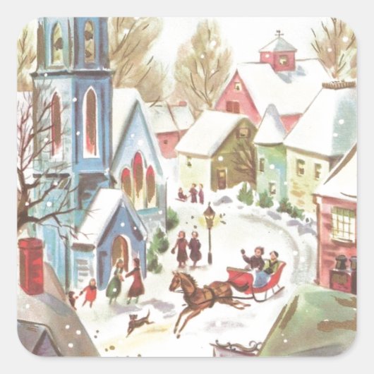 ヴィンテージウィンタークリスマスビレッジシーン スクエアシール (正面)