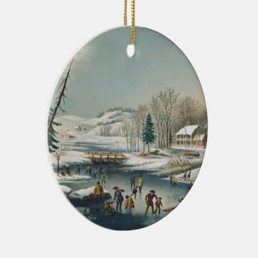ヴィンテージウィンターシーンアイススケートで滑るホリデークリスマス セラミックオーナメント (右)