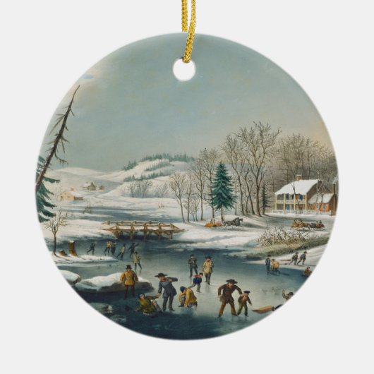 ヴィンテージウィンターシーンアイススケートで滑るホリデークリスマス セラミックオーナメント (正面)