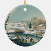 ヴィンテージウィンターシーンアイススケートで滑るホリデークリスマス セラミックオーナメント (裏面)