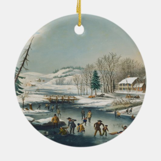ヴィンテージウィンターシーンアイススケートで滑るホリデークリスマス セラミックオーナメント (裏面)