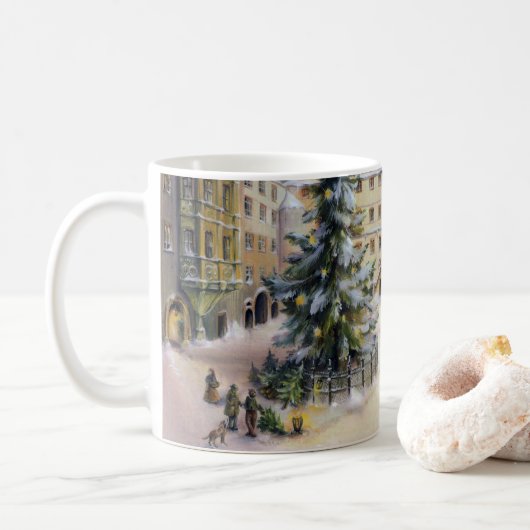 ヴィンテージウィンタータウンクリスマスツリー コーヒーマグカップ (ドーナツ)
