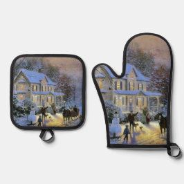 ヴィンテージウィンタータウンクリスマスツリー 鍋つかみ&鍋敷きセット