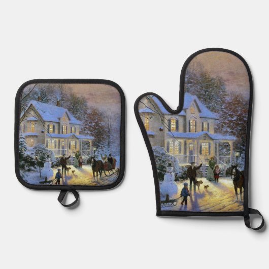 ヴィンテージウィンタータウンクリスマスツリー 鍋つかみ&鍋敷きセット (正面)