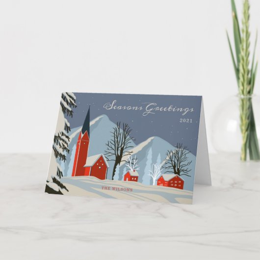 ヴィンテージウィンタービレッジアイスブルーと赤の非写真 シーズンカード (正面)