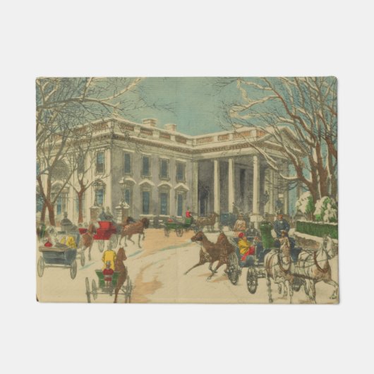 ヴィンテージウィンターホワイトハウスホリデークリスマスシーン ドアマット (正面)