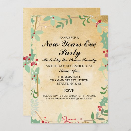 ヴィンテージウィンターリーフニューイヤーズデイイブ招待状 招待状 (正面/裏面)