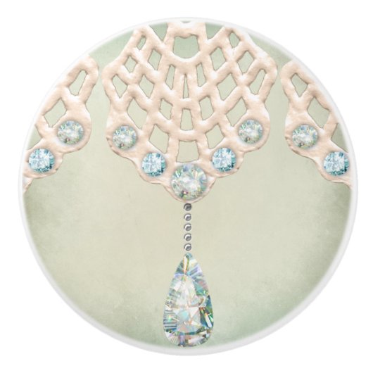 ヴィンテージウィンターレースティール（緑がかった色）ラインビクトリアンストーンズ セラミックノブ (正面)