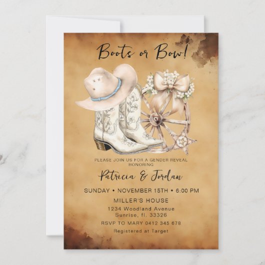 ヴィンテージウェスタンブーツまたはボージェンダーのリビール 招待状 (正面)