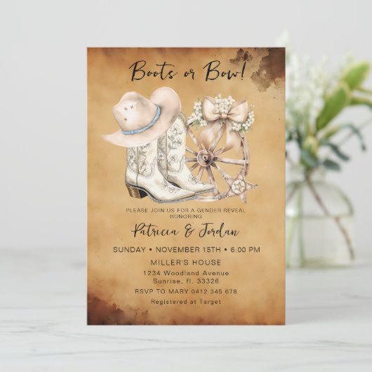 ヴィンテージウェスタンブーツまたはボージェンダーのリビール 招待状 (スタンド正面)