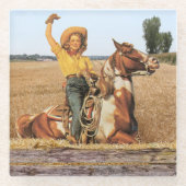 ヴィンテージウェスタン女性のカーボーイオンホースなびく ガラスコースター (正面)