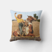 ヴィンテージウェスタン女性のカーボーイオンホースなびく クッション (裏面)