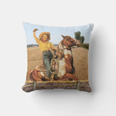 ヴィンテージウェスタン女性のカーボーイオンホースなびく クッション (正面)