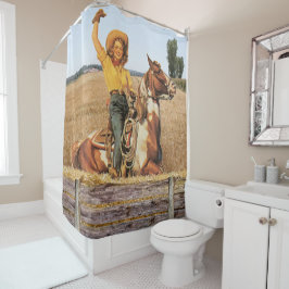 ヴィンテージウェスタン女性のカーボーイオンホースなびく シャワーカーテン