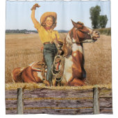 ヴィンテージウェスタン女性のカーボーイオンホースなびく シャワーカーテン (正面)