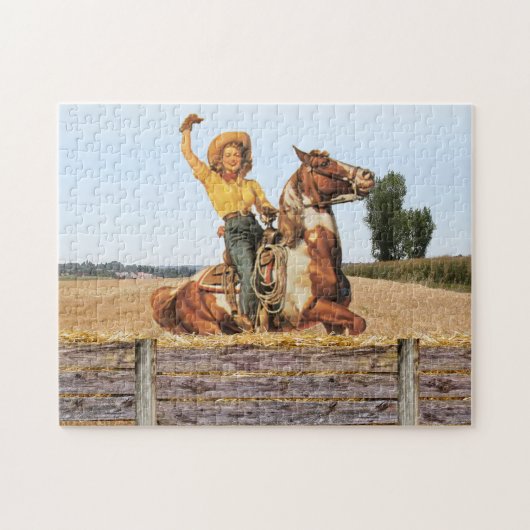ヴィンテージウェスタン女性のカーボーイオンホースなびく ジグソーパズル (横)