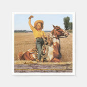 ヴィンテージウェスタン女性のカーボーイオンホースなびく スタンダードカクテルナプキン (正面)
