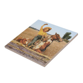 ヴィンテージウェスタン女性のカーボーイオンホースなびく タイル