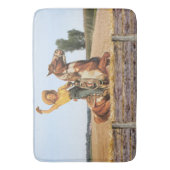 ヴィンテージウェスタン女性のカーボーイオンホースなびく バスマット (正面縦)