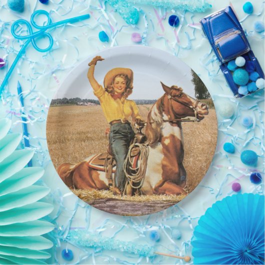 ヴィンテージウェスタン女性のカーボーイオンホースなびく ペーパープレート (パーティー)