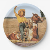 ヴィンテージウェスタン女性のカーボーイオンホースなびく ペーパープレート (正面)
