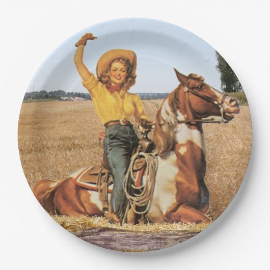 ヴィンテージウェスタン女性のカーボーイオンホースなびく ペーパープレート (正面)