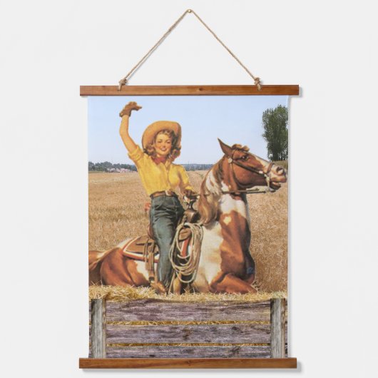 ヴィンテージウェスタン女性のカーボーイオンホースなびく 吊り下げ型タペストリー (正面)