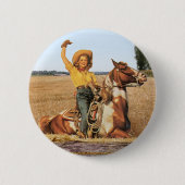 ヴィンテージウェスタン女性のカーボーイオンホースなびく 缶バッジ (正面)