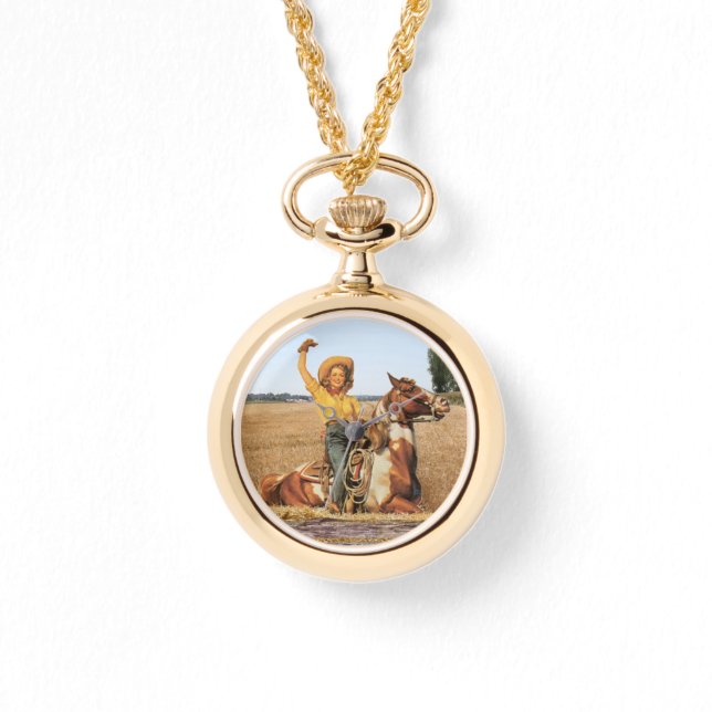 ヴィンテージウェスタン女性のカーボーイオンホースなびく 腕時計 (正面)