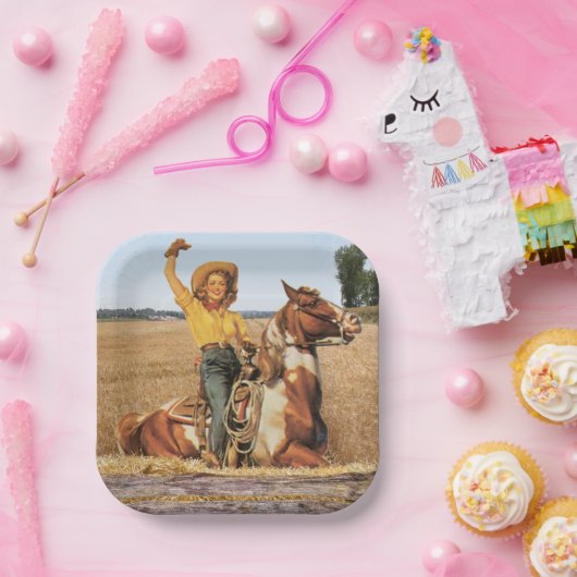 ヴィンテージウェスタン女性のカーボーイオンホースウィークスクエア ペーパープレート (パーティー)
