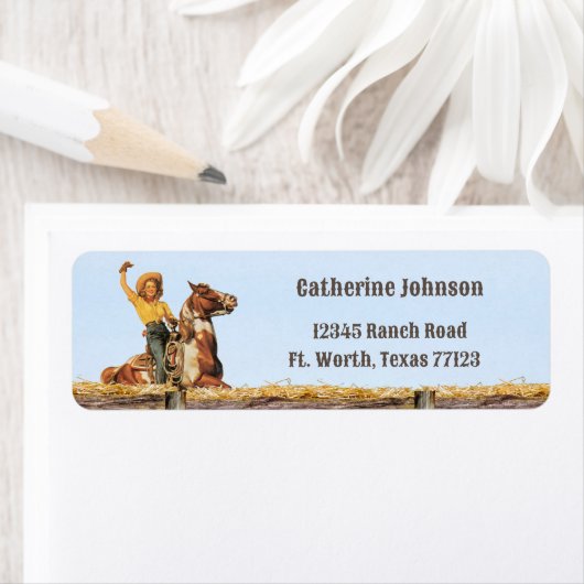 ヴィンテージウェスタン女性のカーボーイオンホースウェーブ住所 ラベル (インサイチュ)